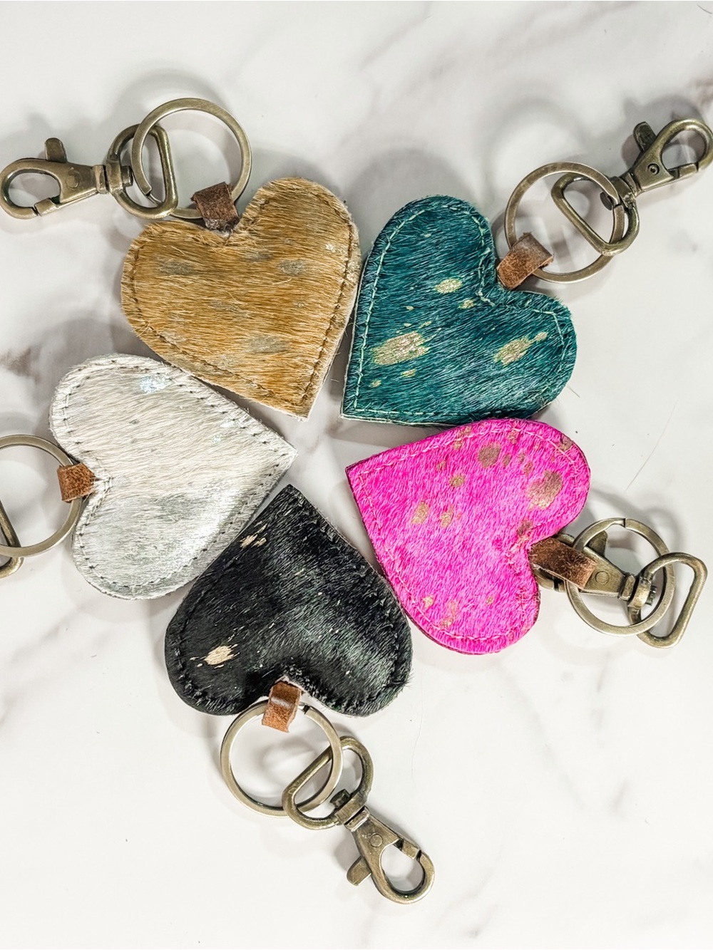 Teal Cowhide Heart Bag Charm Hair On Hide Leather keychain Western Texas - Picture 3 of 3